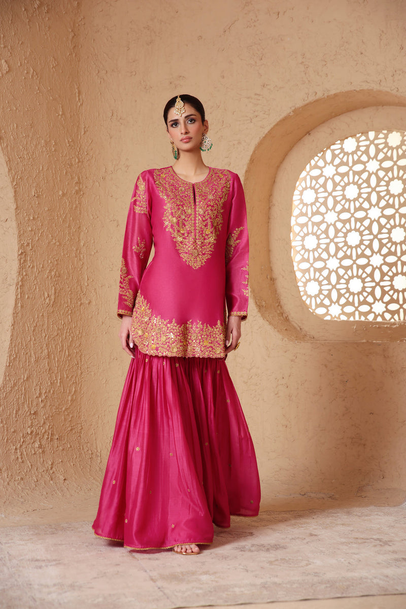 Mehrang Pink Heavy Sharara Set silk chanderi kurta/kurta set by Niti Bothra in pink for women in Singapore