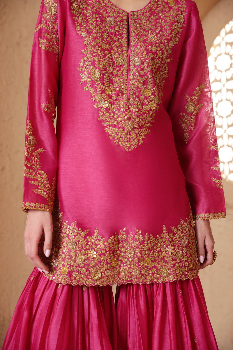 Mehrang Pink Heavy Sharara Set silk chanderi kurta/kurta set by Niti Bothra in pink for women in Singapore
