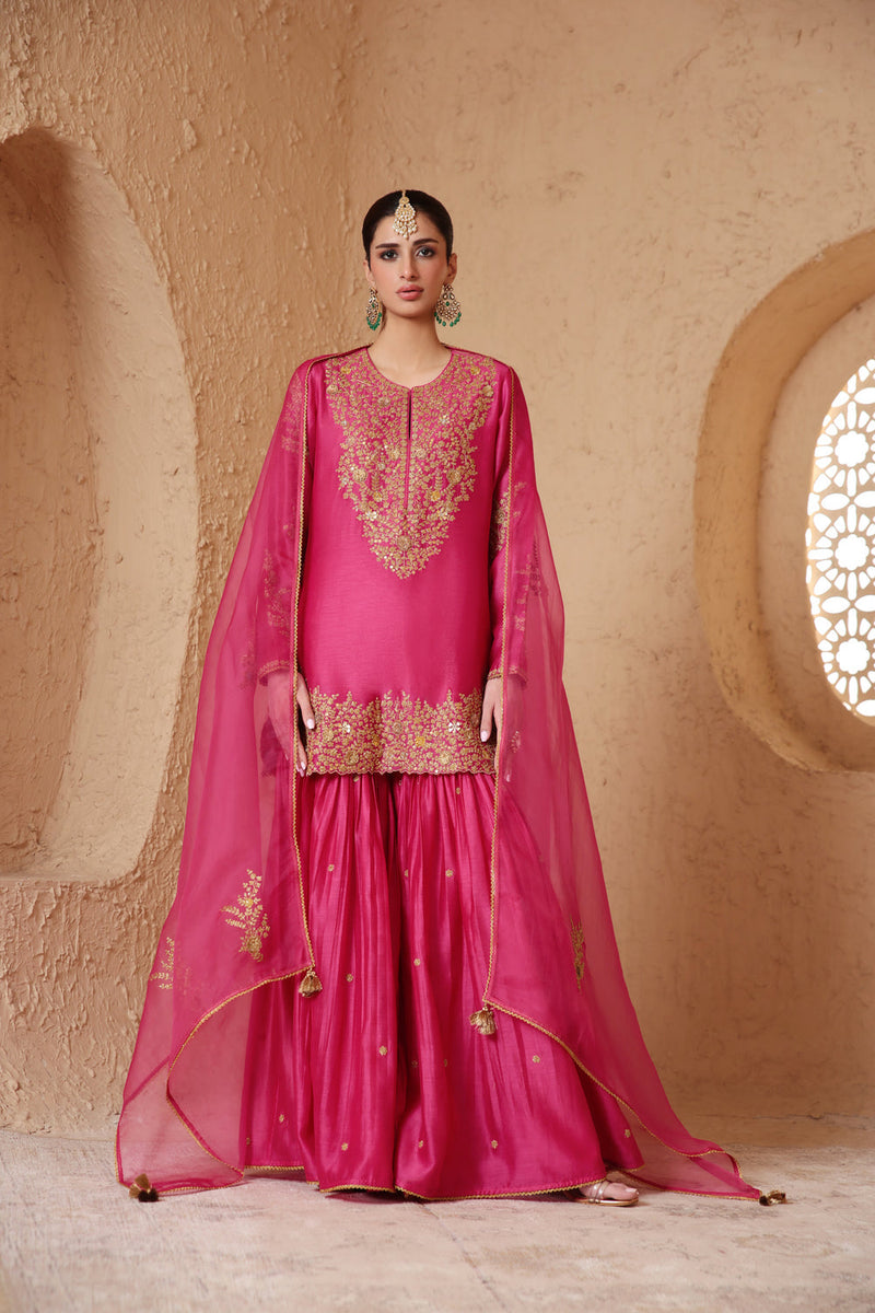 Mehrang Pink Heavy Sharara Set silk chanderi kurta/kurta set by Niti Bothra in pink for women in Singapore
