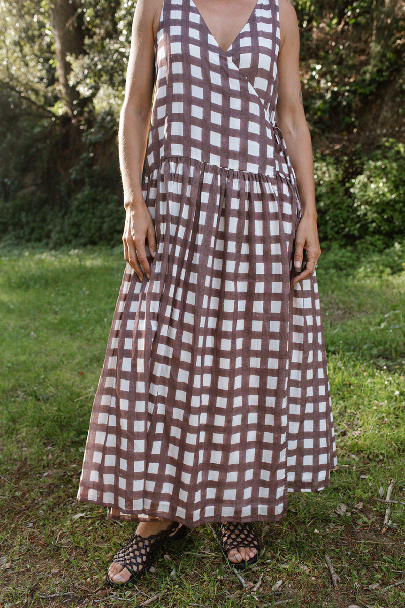 The Gingham Wrap Dress handwoven cotton dress by World of Crow in multicolor for women in Singapore