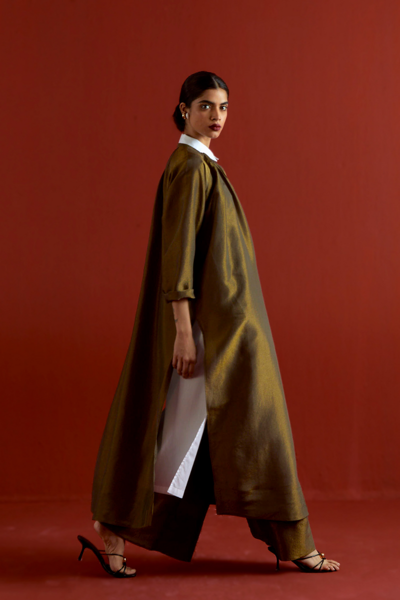 GATHER NECK SHIRT CO-ORD-OLIVE GOLD tissue by THREE in gold color for women in Singapore