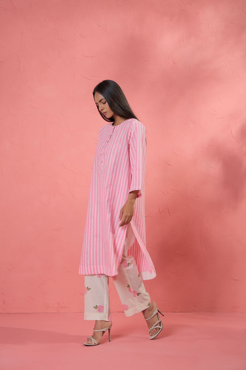 Gul Rose Stripe Set cotton cambric light kurta set by AAVIDI in pink for women in Singapore