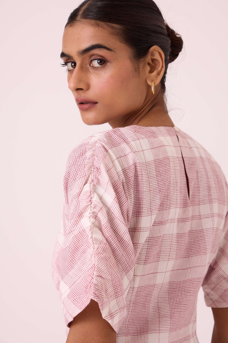 Pine Checkered Handwoven Dress cotton by The Summer House in white color for women in Singapore