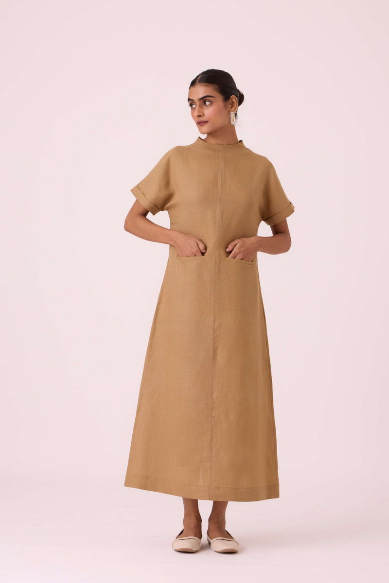 Salome Tan Linen Dress linen by The Summer House in olive color for women in Singapore
