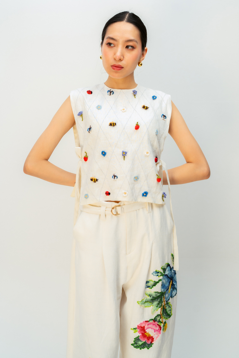 SOFT LATTICE BIB linen jacket/overlay by Ode to Odd in off white for women in Singapore