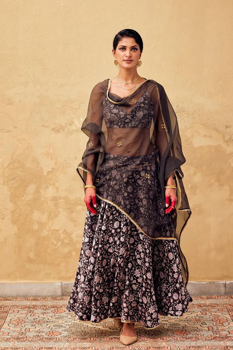 Damak Ghagra set with Dupatta chanderi by Khara Kapas in charcoal for women in Singapore