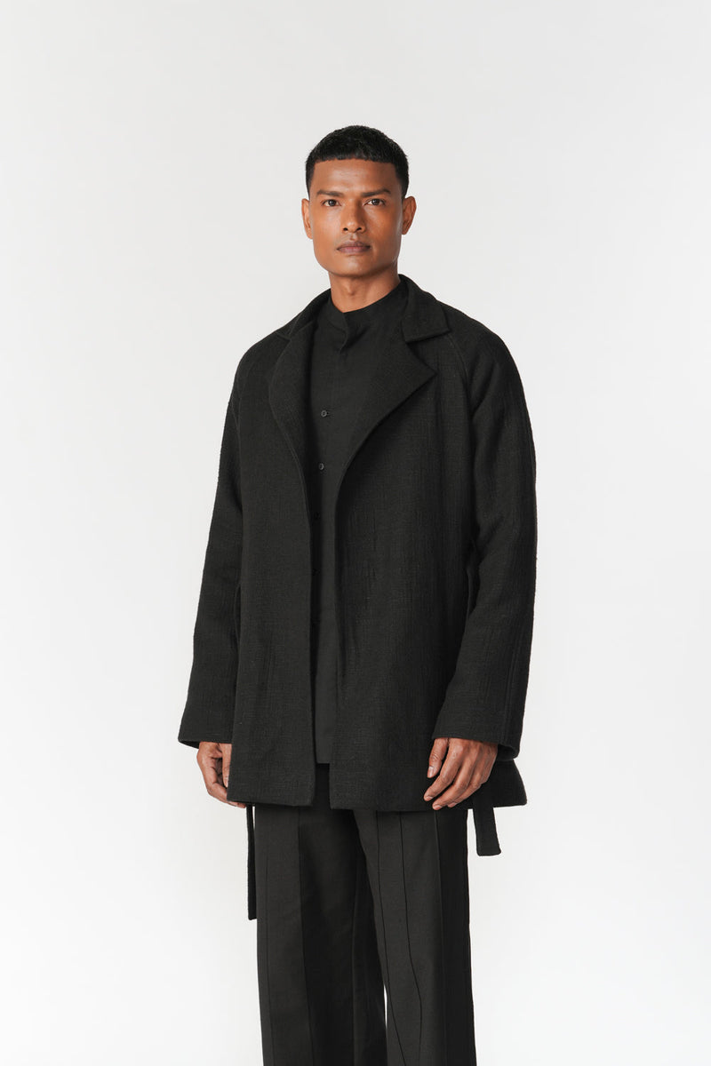 Chenille Notch Lapel Short Overcoat jacket/overlay by Turn Black in black for men in Singapore