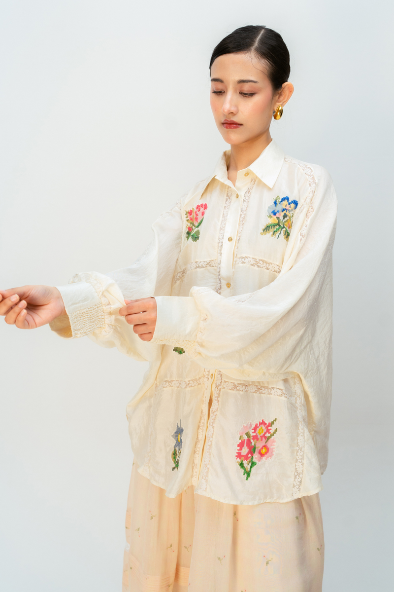 SUMMER LANTERN SHIRT silk top/shirt by Ode to Odd in off white for women in Singapore