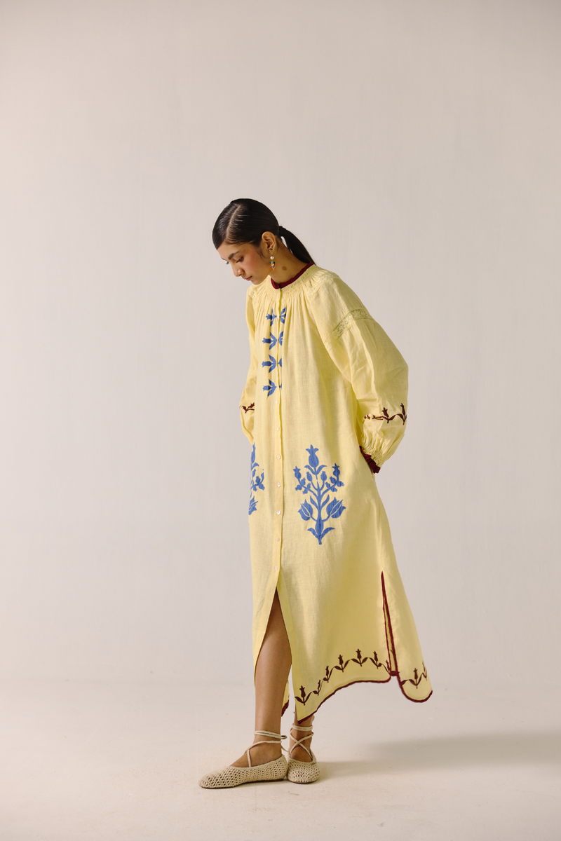 Chloe Dress - Butter Yellow Bird Applique linen by CORD in yellow for women in Singapore