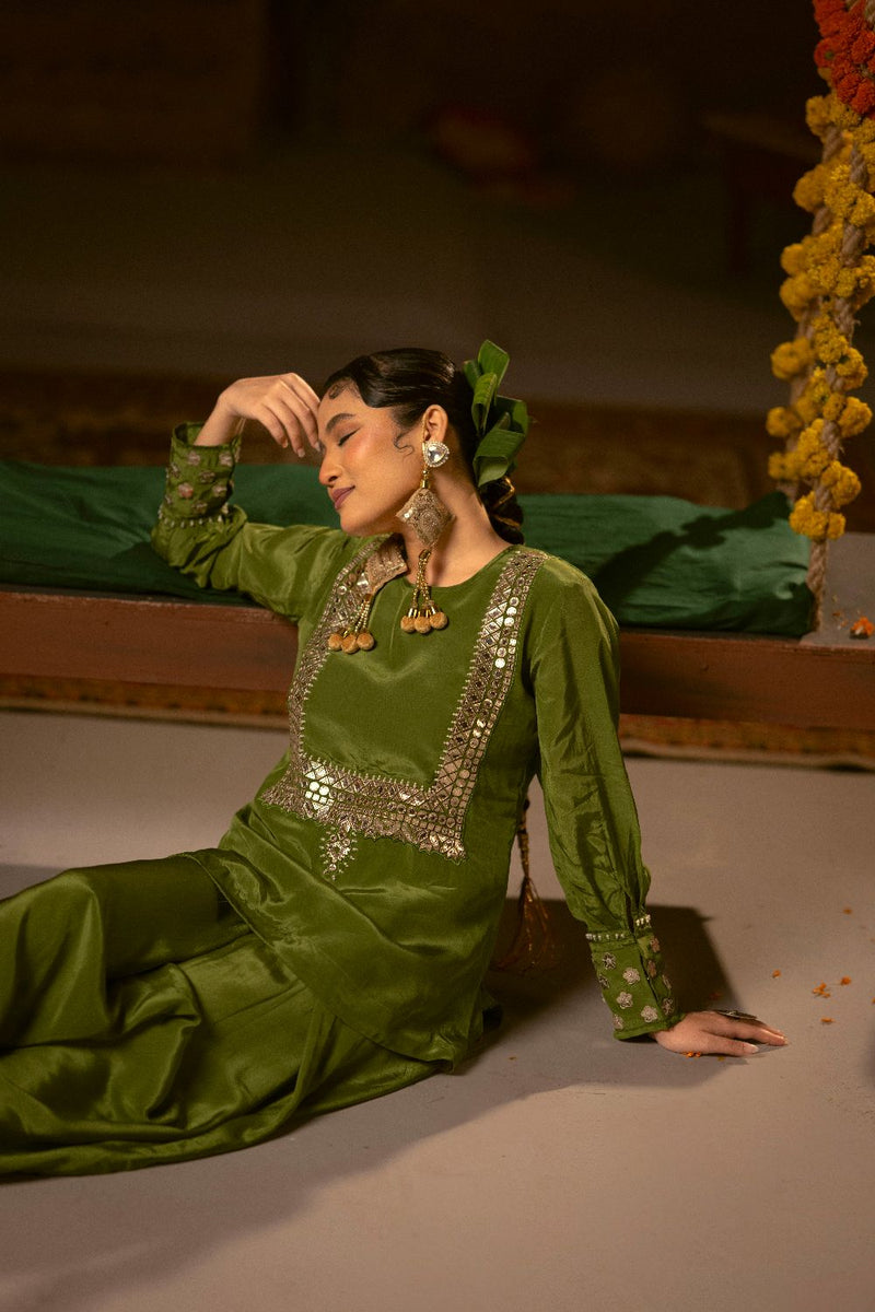 Sunira Green Tunic Top & Dhoti Skirt Set- Mehendi