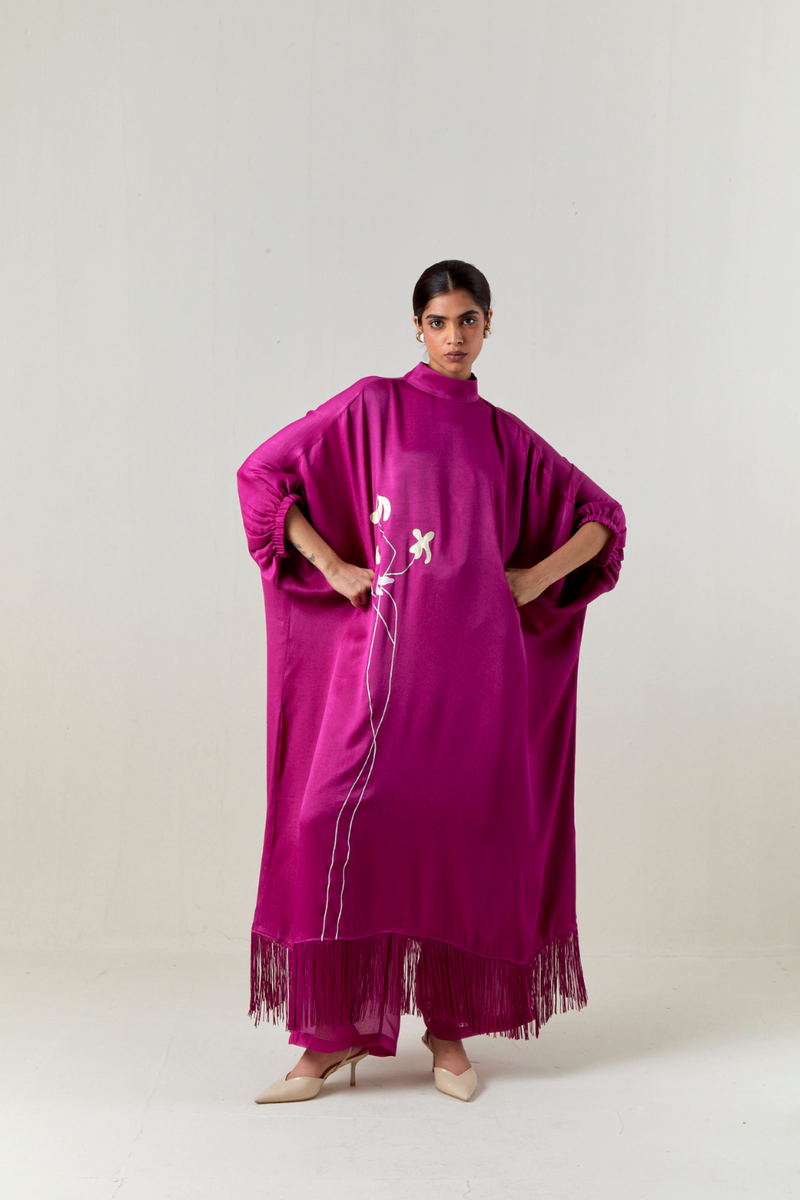 FLORAL FRINGE KAFTAN CO-ORD-FUCHSIA satin by THREE for women in Singapore
