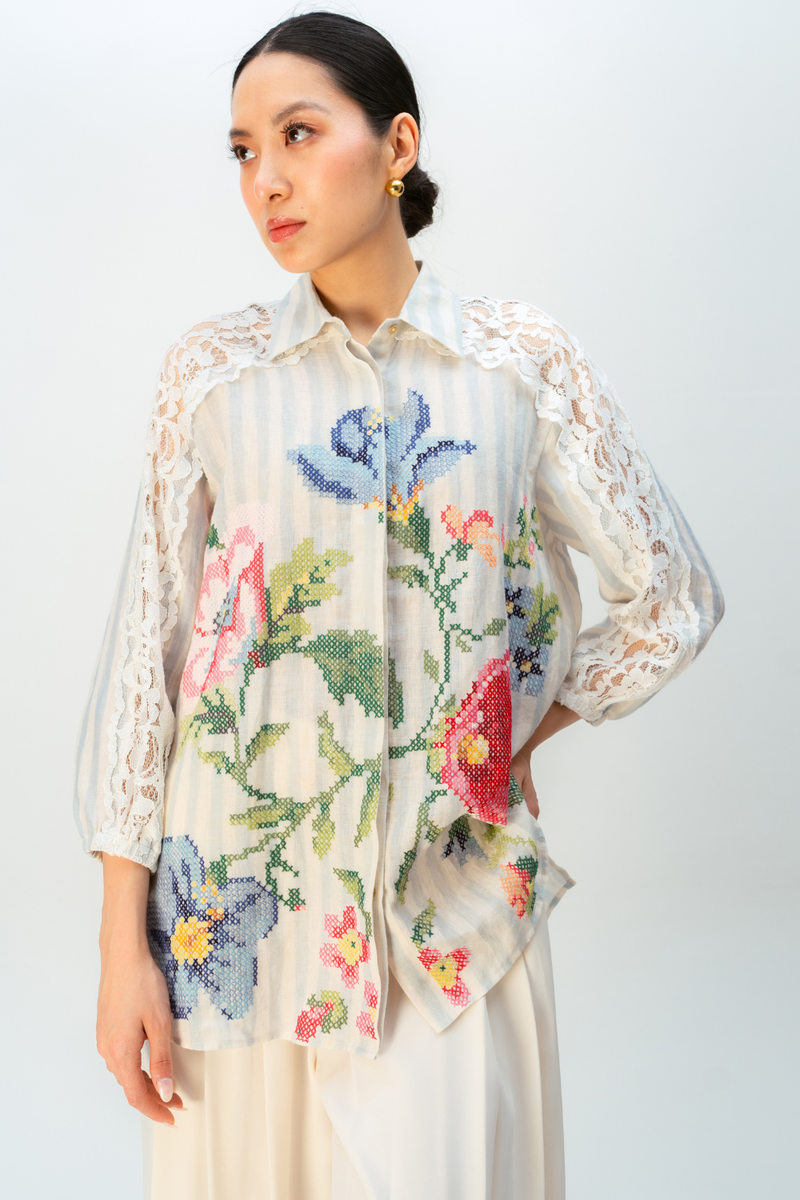 BLUSHING PETAL SHIRT linen top/shirt by Ode to Odd in blue for women in Singapore