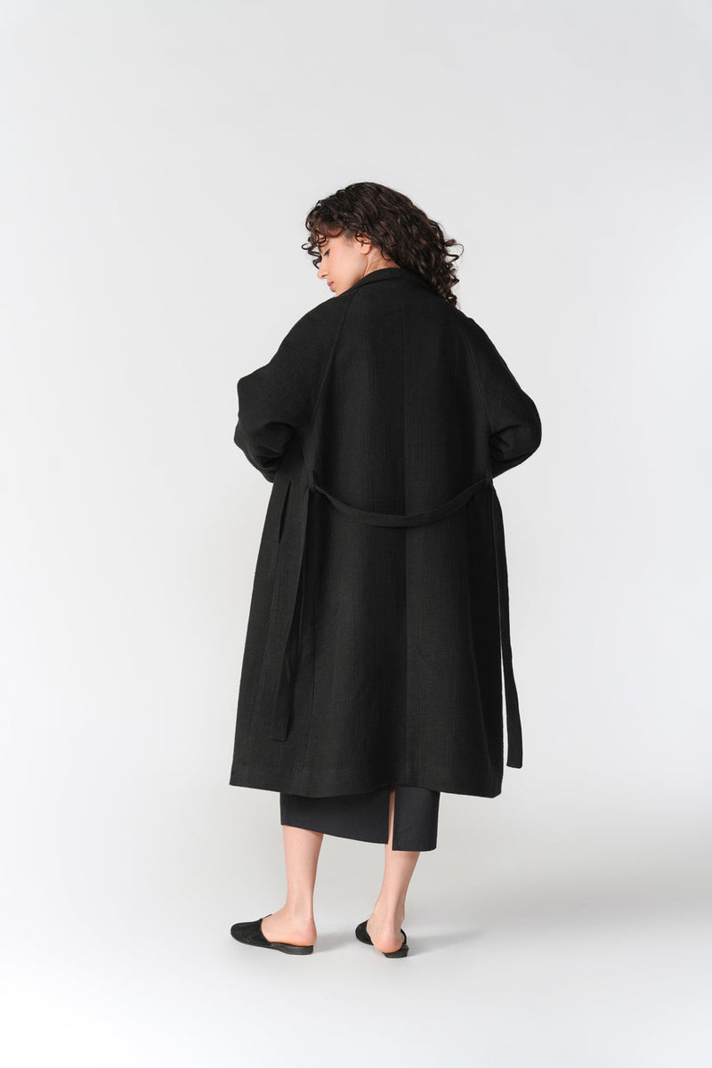 Chenille Long Overcoat jacket/overlay by Turn Black in black for women in Singapore