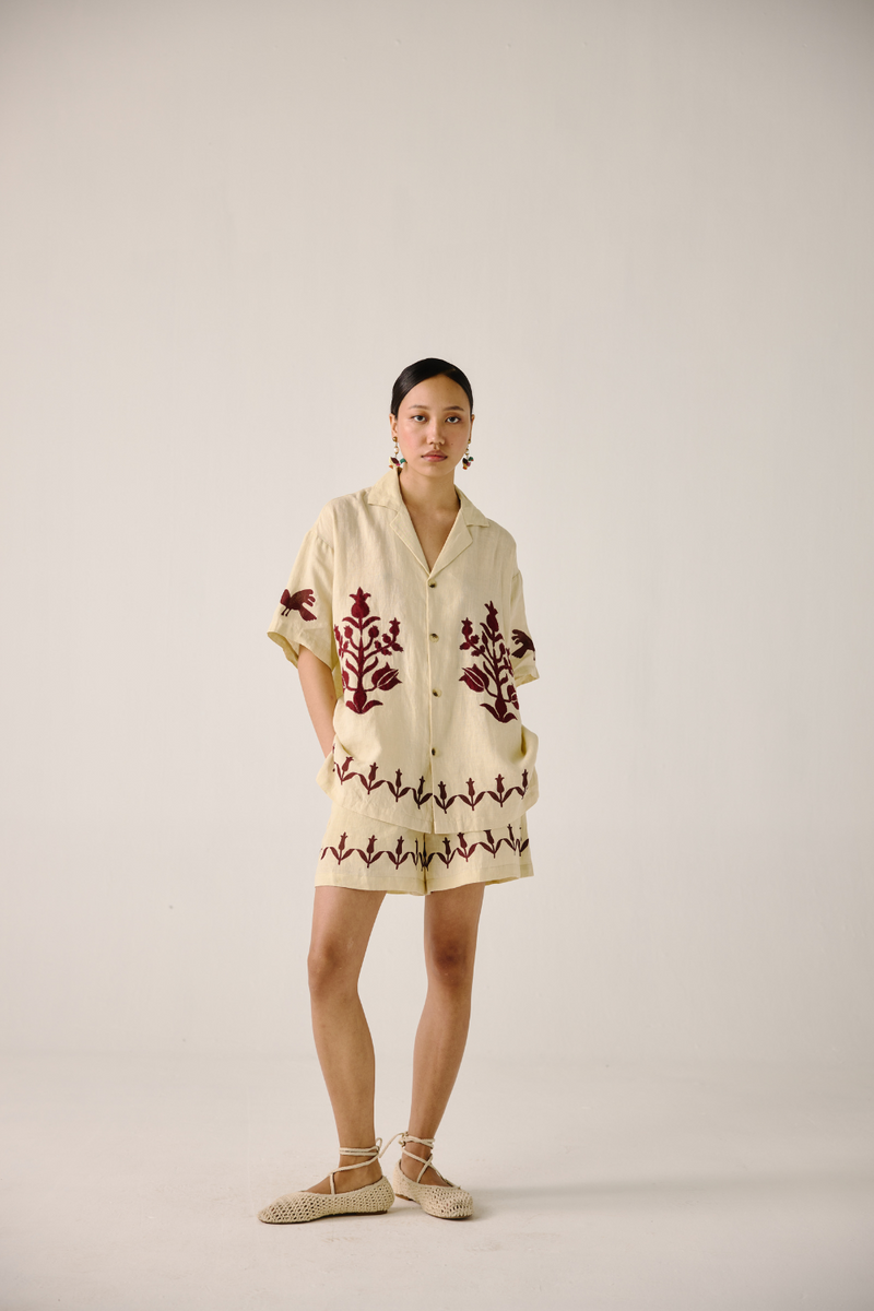 Unisex Shirt - Ivory Bird Applique linen by CORD in ivory for women in Singapore