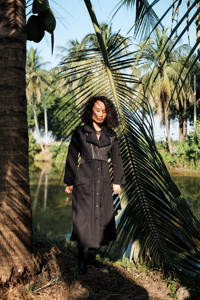 Upcycled Handwoven Copenhagen Trench - Black Green cotton by The Terra Tribe in green color for women in Singapore
