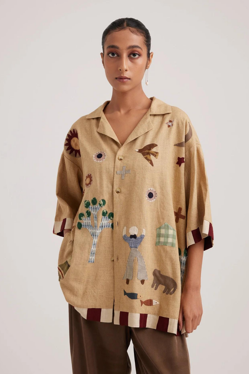 Unisex Oversized Shirt-Folk Applique-Beige linen by CORD for women in Singapore