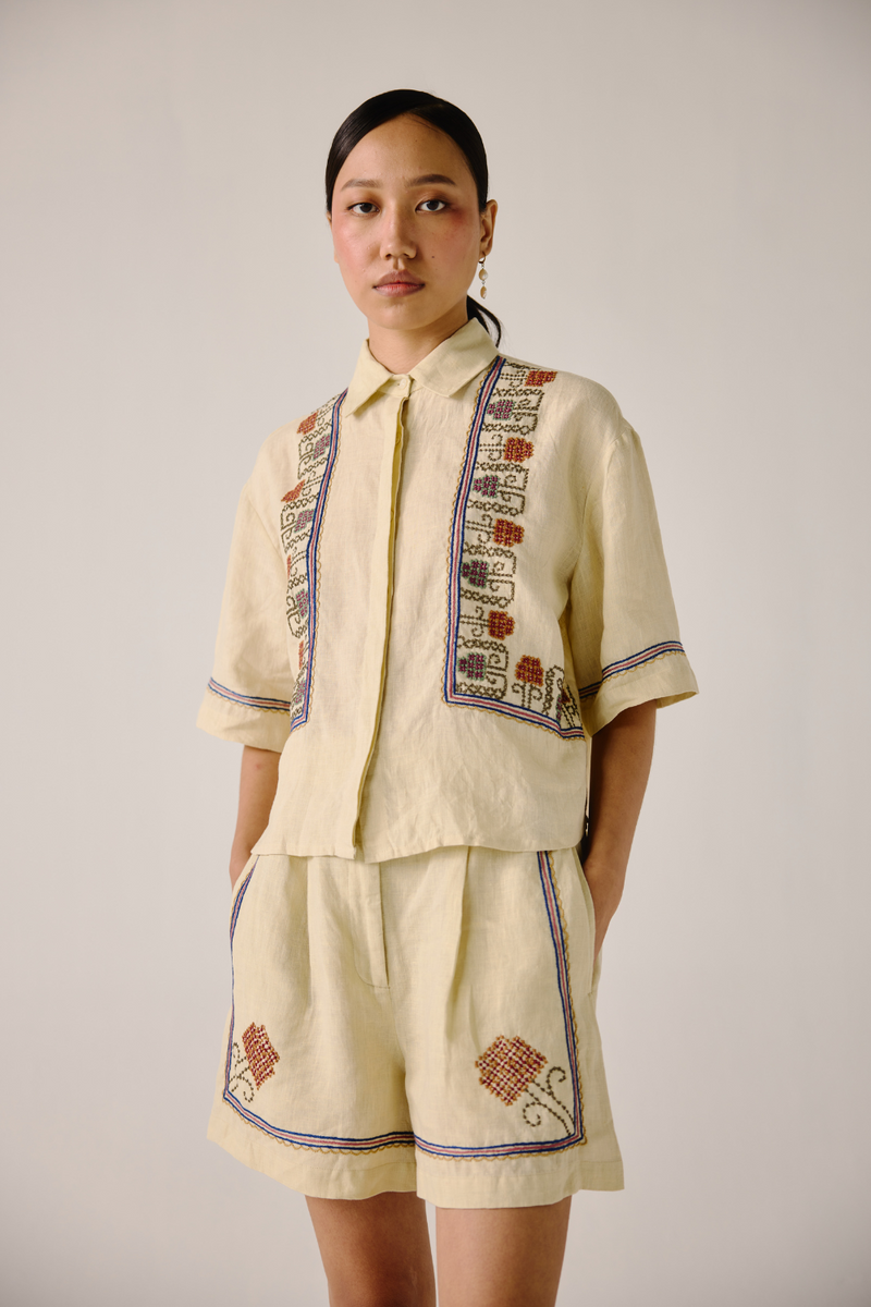 Ava Shirt - Ivory Cross Stitch Emb linen by CORD in ivory for women in Singapore