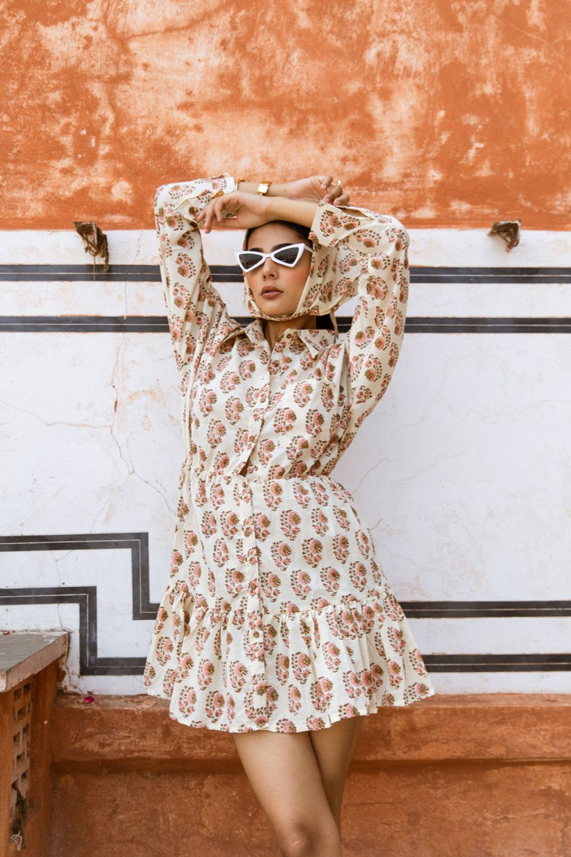 Peach Bon Bon Dress - Printed Cotton Mini Shirt Dress
