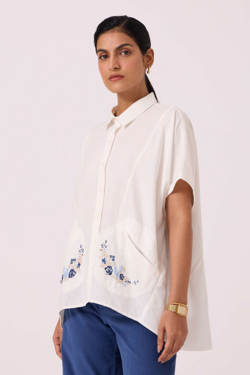 Sibyl Handwoven Embrodiered Shirt cotton by The Summer House in beige color for women in Singapore