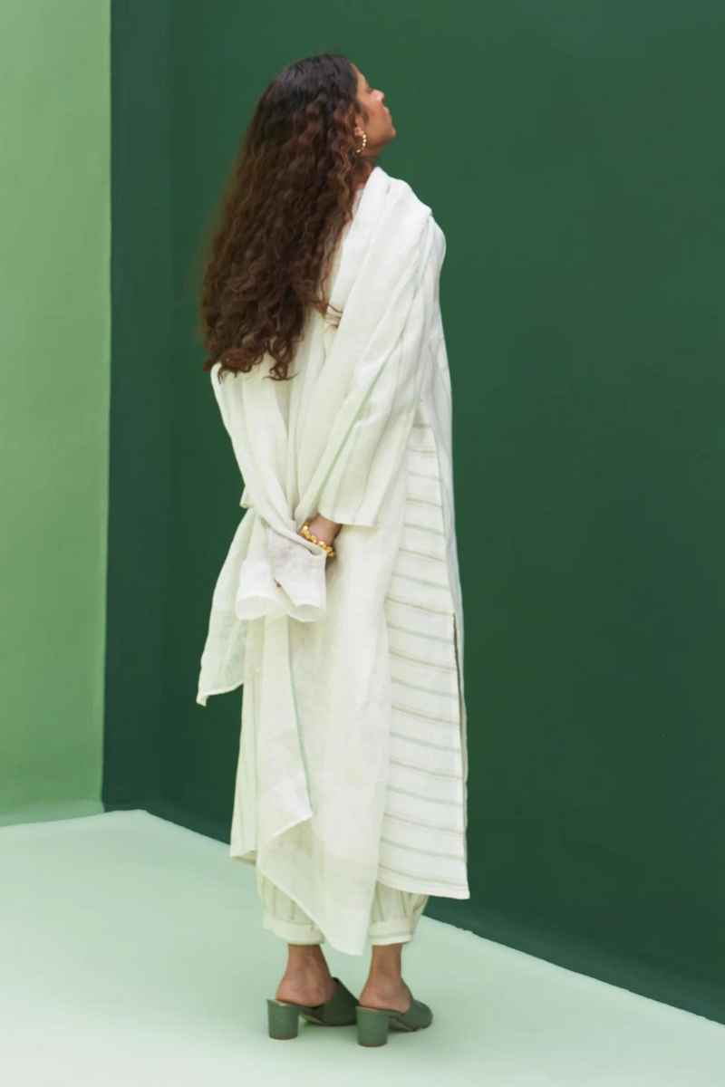 Ezra Striped Linen Kurta Set - Mint linen by Manan in mint color for women in Singapore