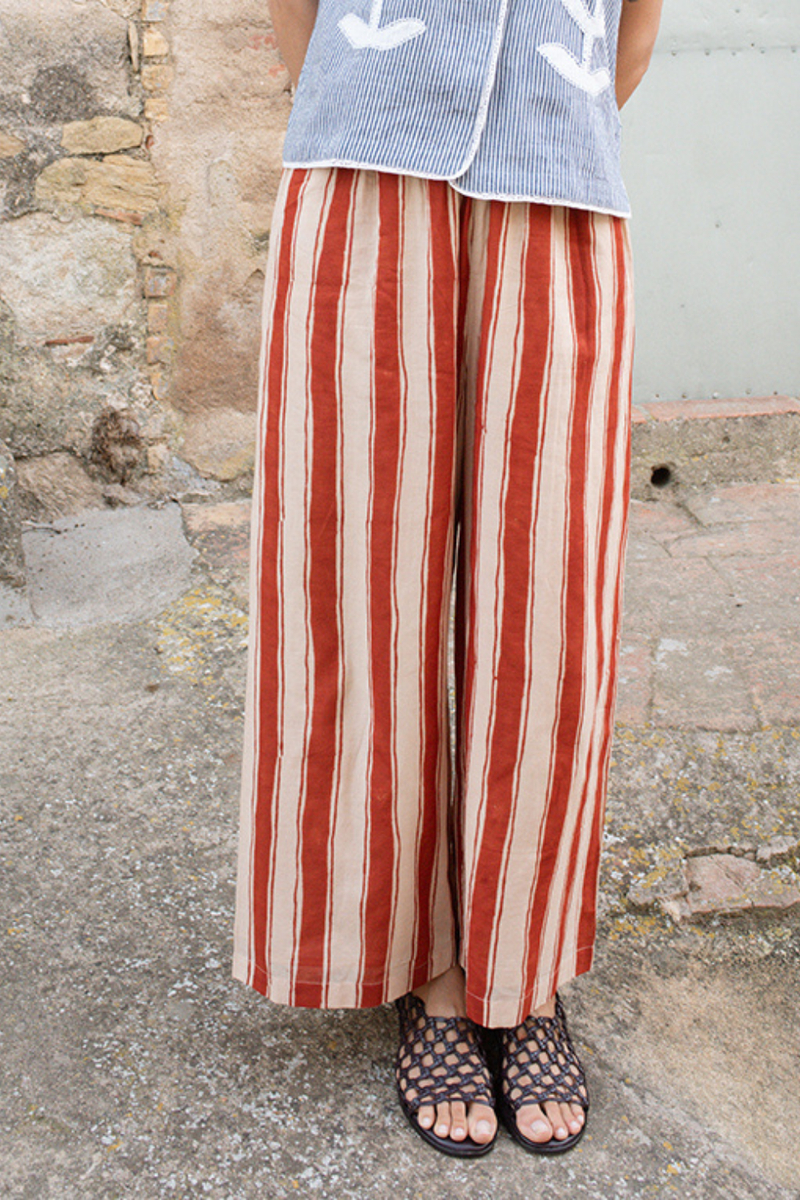 Zebra Stroll Pants-Red Stripes handwoven cotton pant/trouser by World of Crow in multicolor for women in Singapore