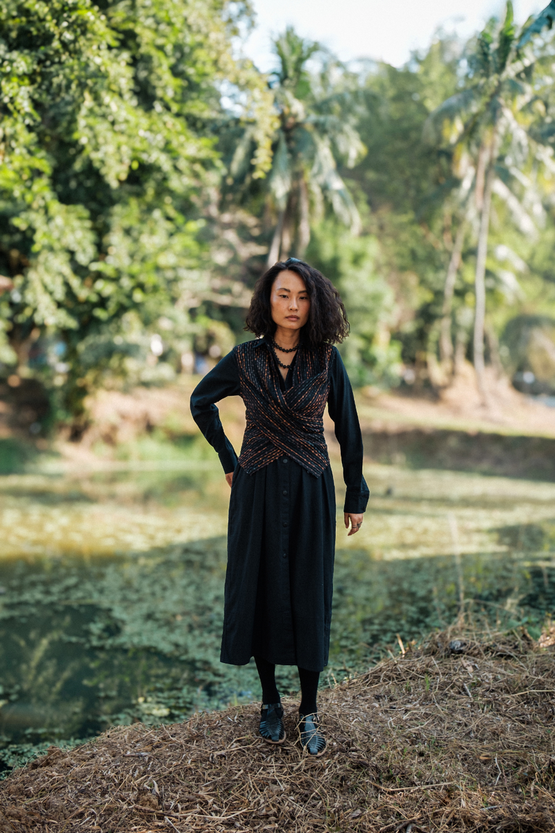 Upcycled Handwoven Seattle Wrap Calf Dress - Black Copper cotton by The Terra Tribe in black color for women in Singapore