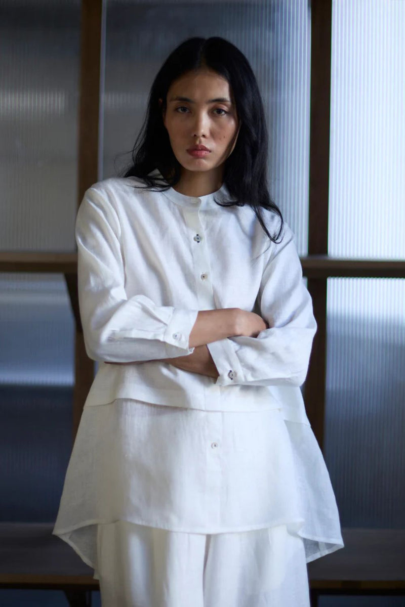 Anaya Linen A-Line Shirt - Ivory linen by Manan in white color for women in Singapore