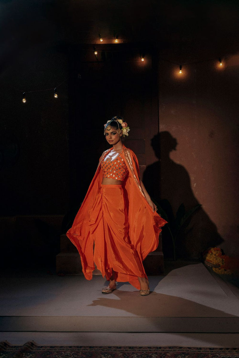 Mangala Blouse Skirt & Cape Set- Orange