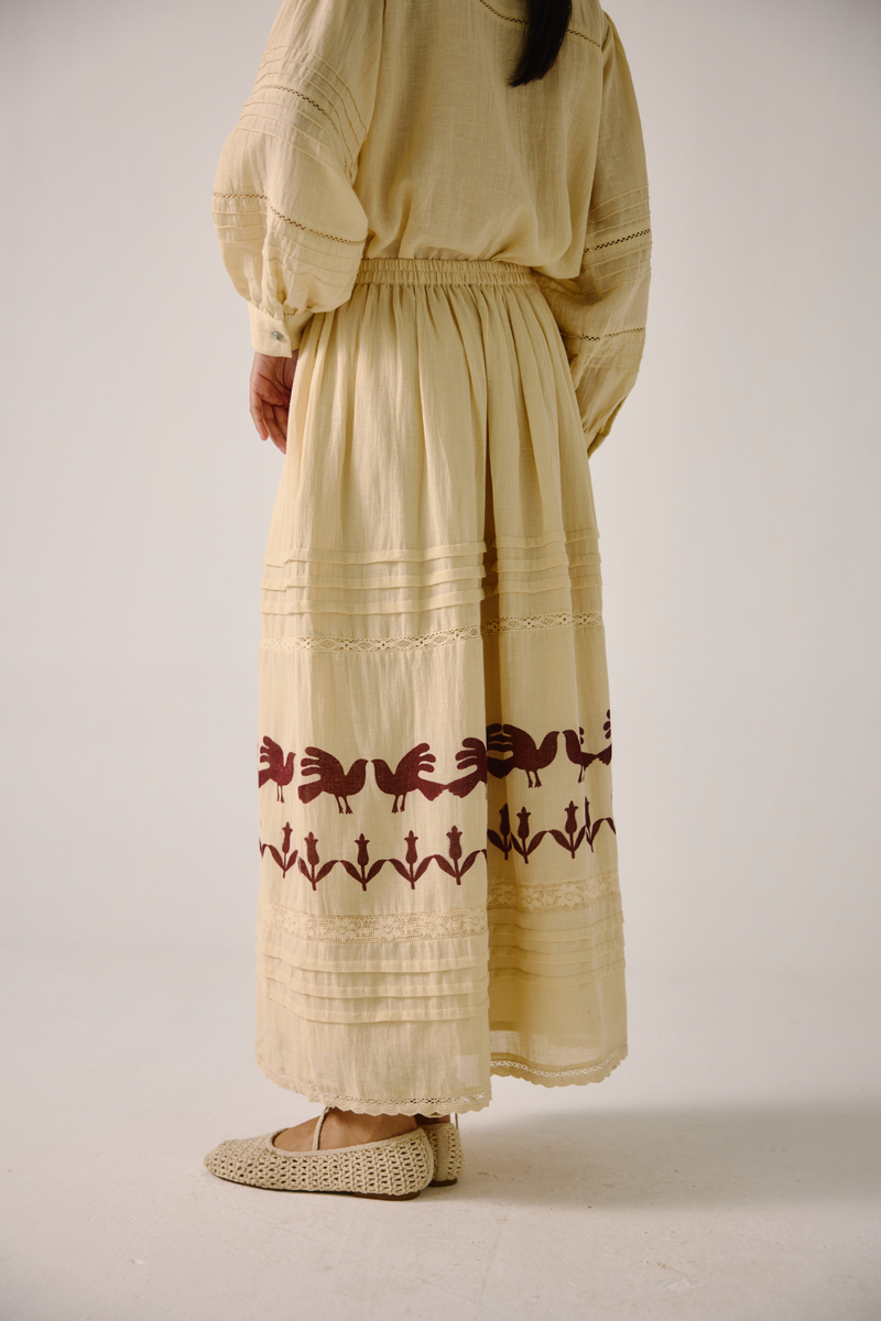 Emily Skirt - Ivory Block Print cotton by CORD in ivory for women in Singapore