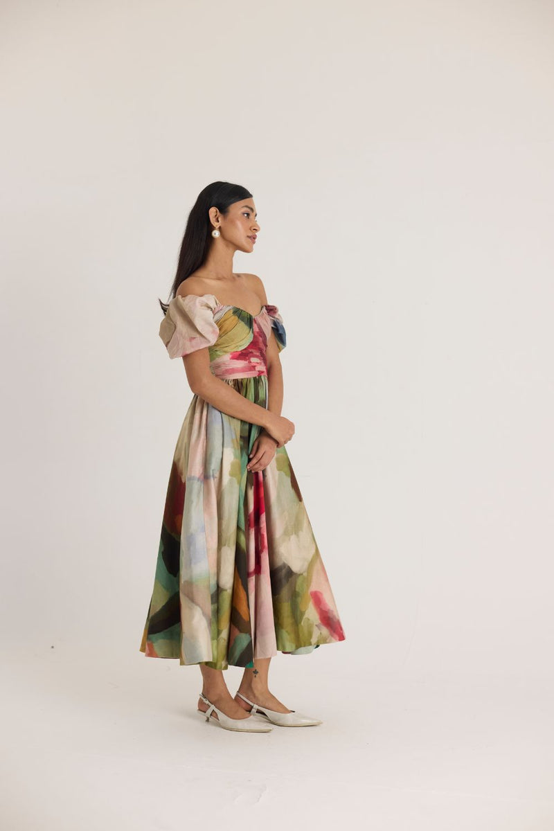 TILLY PUFF SLEEVE DRESS satin by Yam in multi color for women in Singapore