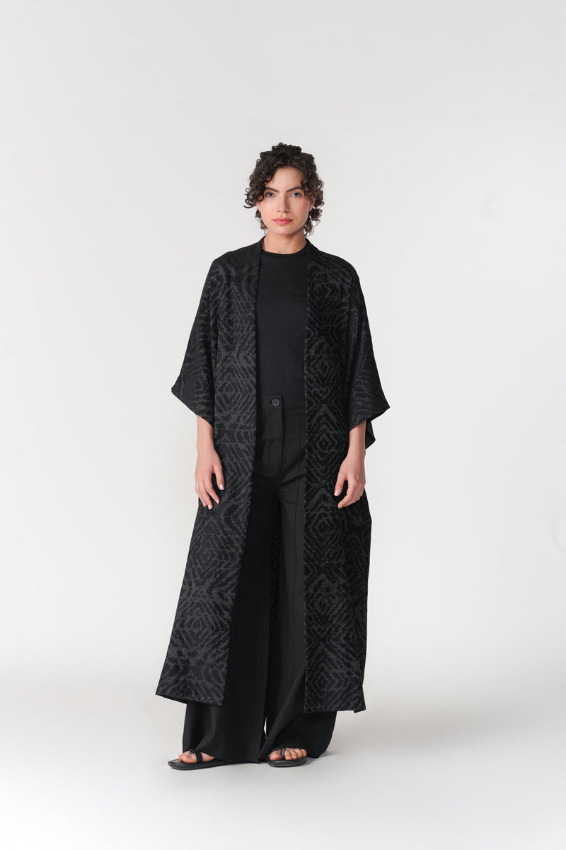 Jacquard Kimono Sleeve Overlay viscose cotton jacket/overlay by Turn Black in black for women in Singapore