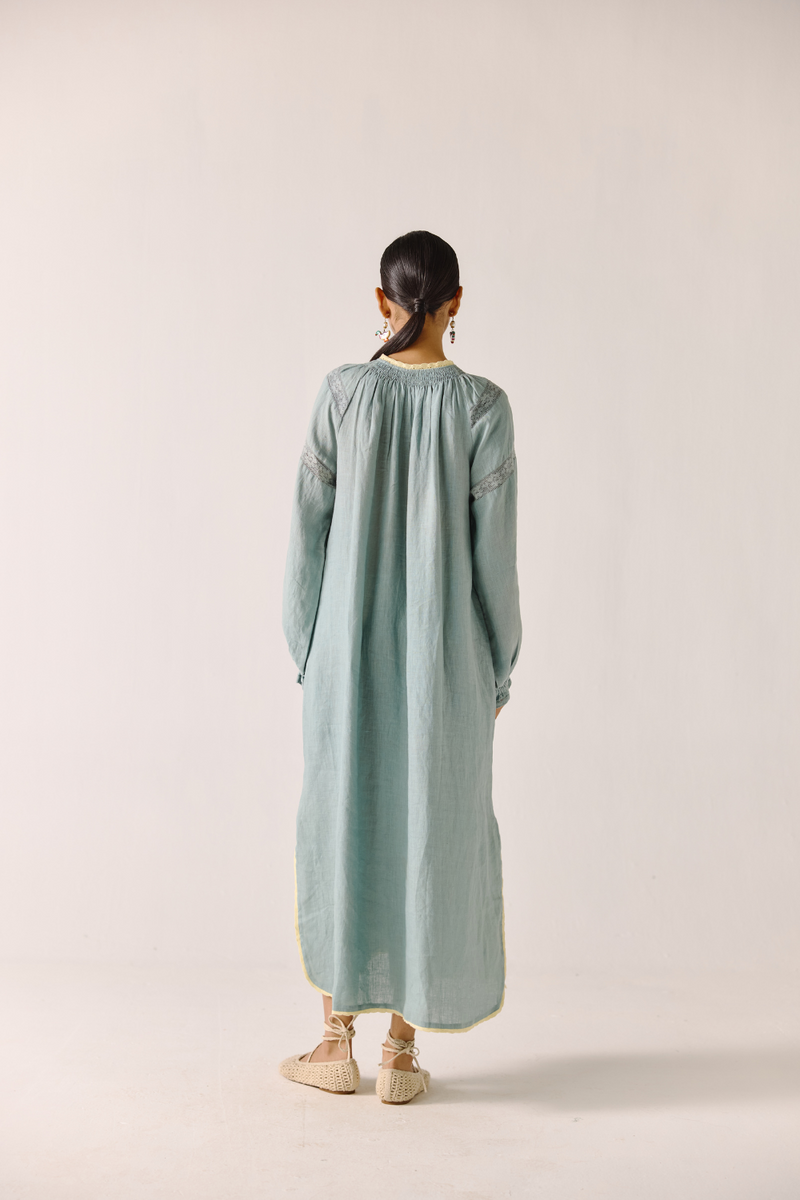 Chloe Dress - Pale Blue Pixel Applique linen by CORD in blue for women in Singapore