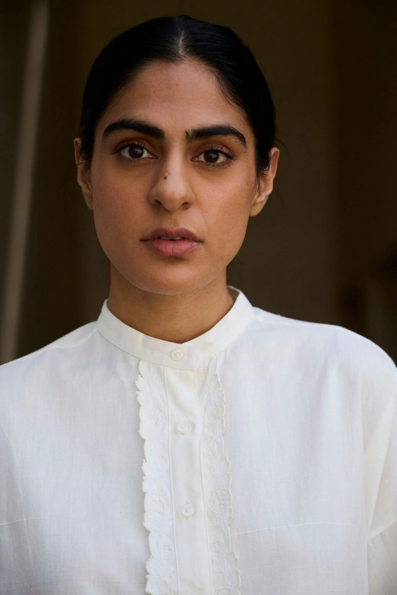 Ryuk Handwoven Embroidered Shirt cotton by The Summer House in white color for women in Singapore