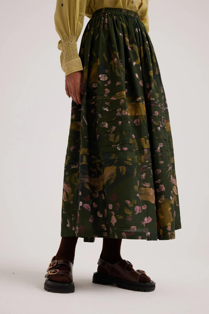 Pintuck Skirt-Green Strokes cotton by CORD for women in Singapore