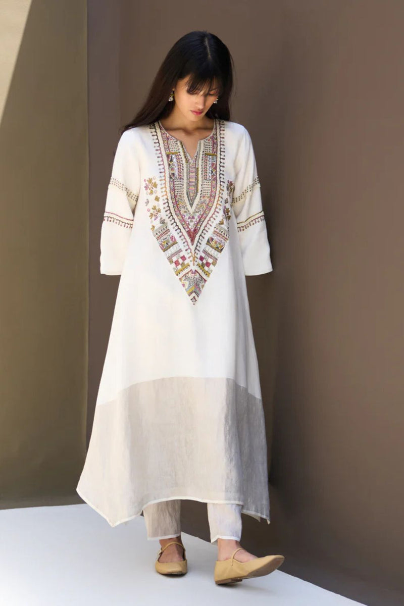 Afra Hand-Embroidered Kurta - Ivory linen by Manan in white color for women in Singapore