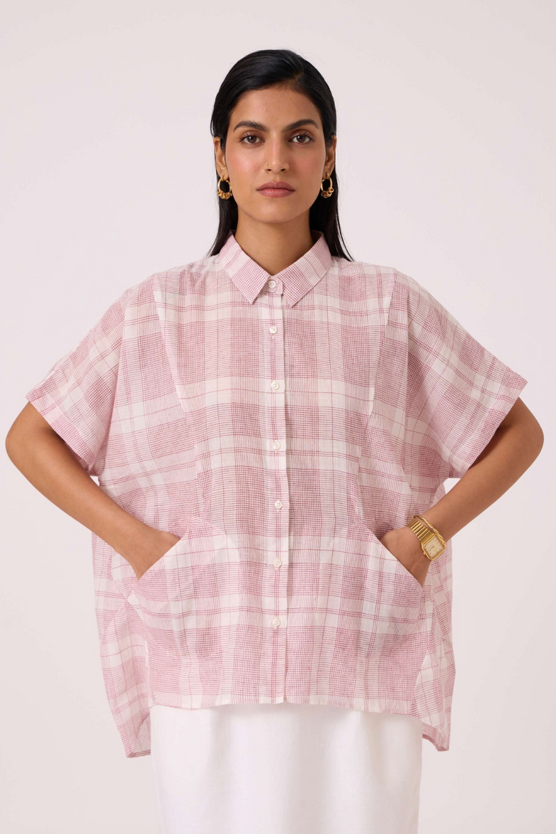 Sibyl Checkered Handwoven Shirt cotton by The Summer House in red color for women in Singapore