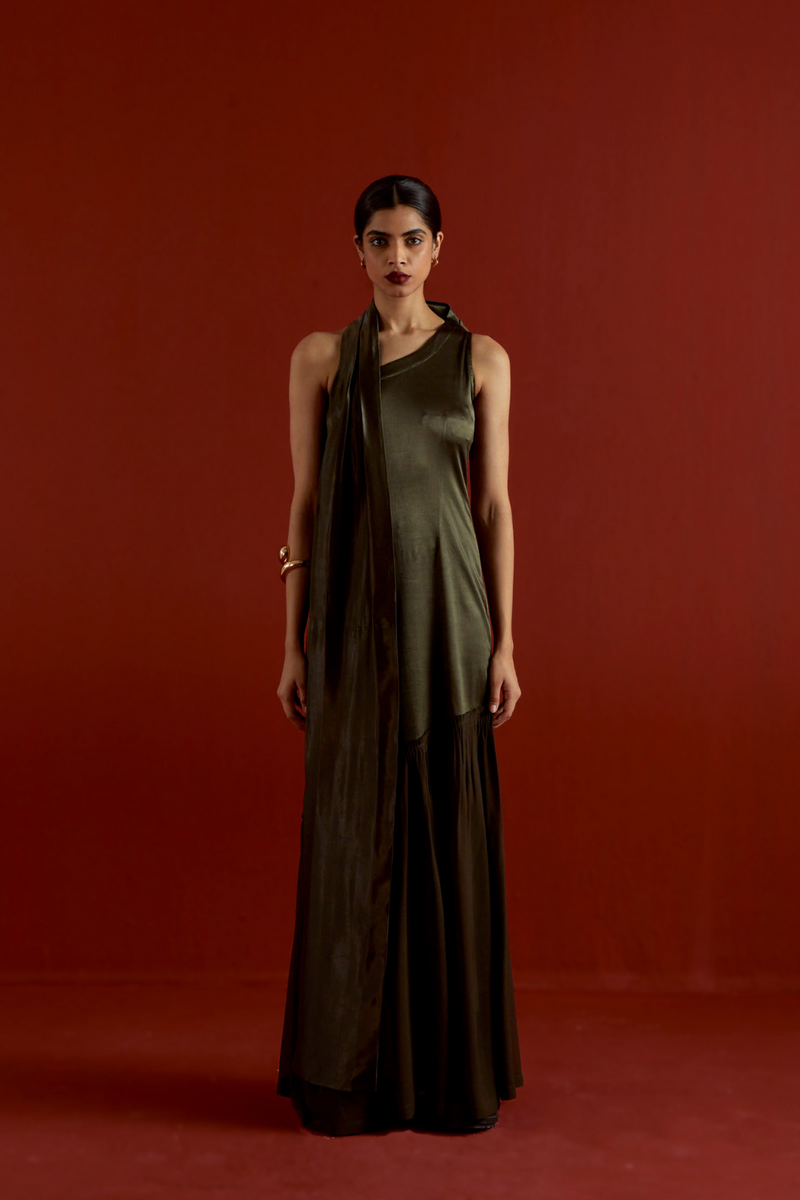 ONE SHOULDER DRESS-DARK OLIVE satin by THREE in olive color for women in Singapore