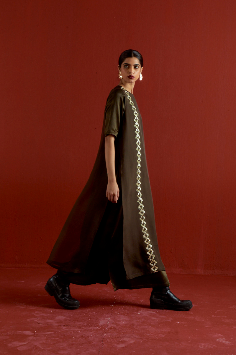 GOTA PATTI DETAIL DOUBLE LAYER DRESS-DARK OLIVE satin by THREE in olive color for women in Singapore