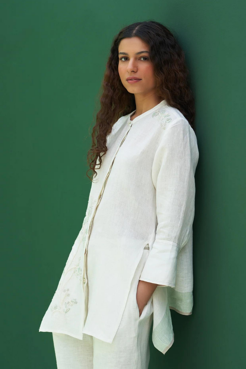 Noi Hand-Embroidered Linen Co-ord Set - Ivory linen by Manan in ivory color for women in Singapore