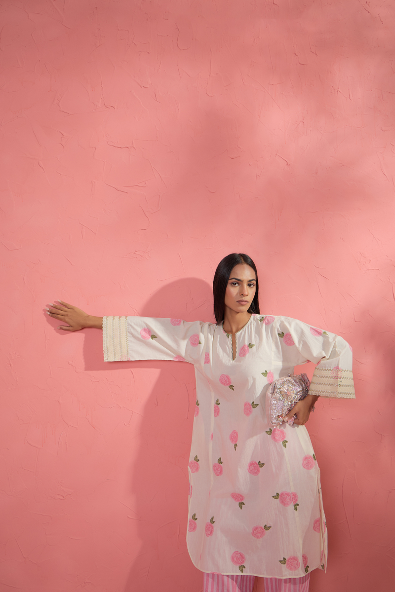 Gul Rose Set 3 cotton cambric light kurta set by AAVIDI in off white for women in Singapore