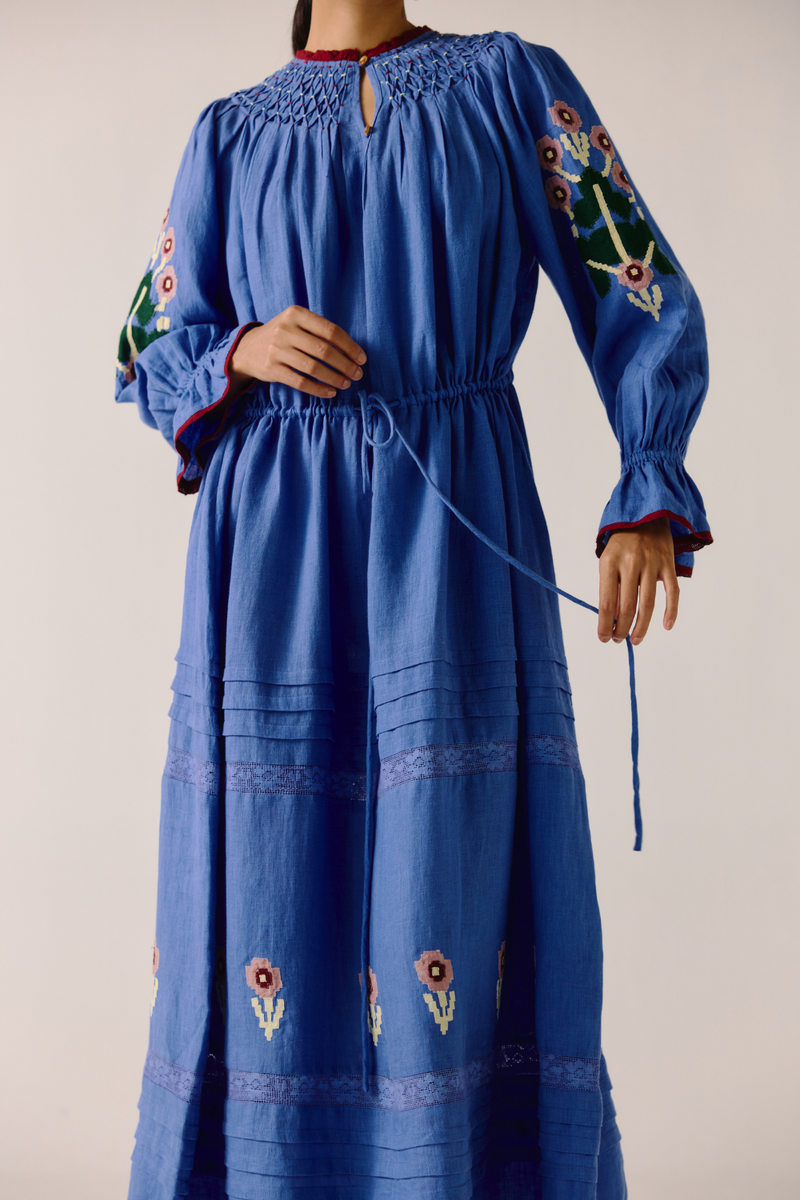 Edith Dress - Electric Blue Pixel Applique linen by CORD in blue for women in Singapore