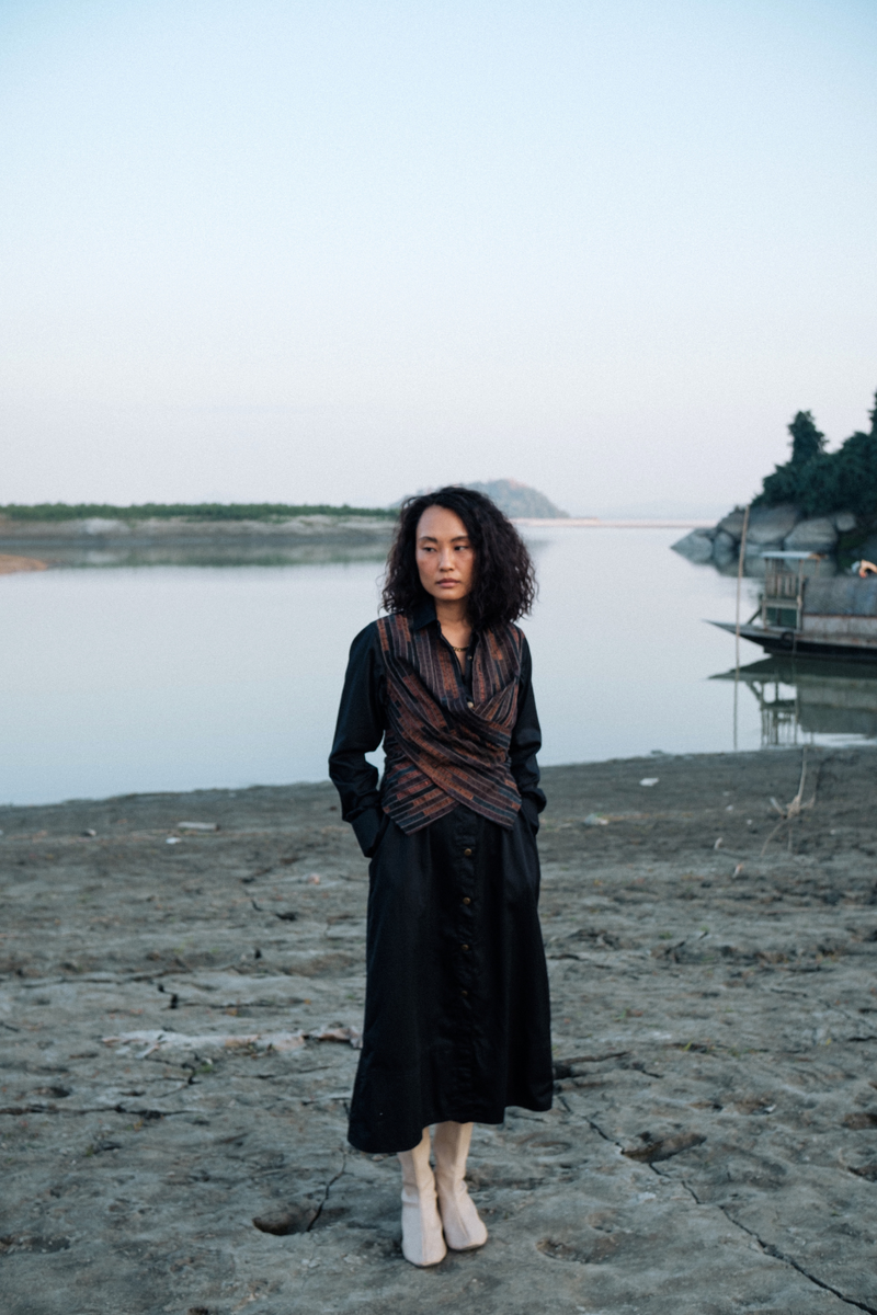 Upcycled Seattle Wrap Calf Dress - Black Copper cotton by The Terra Tribe in black color for women in Singapore