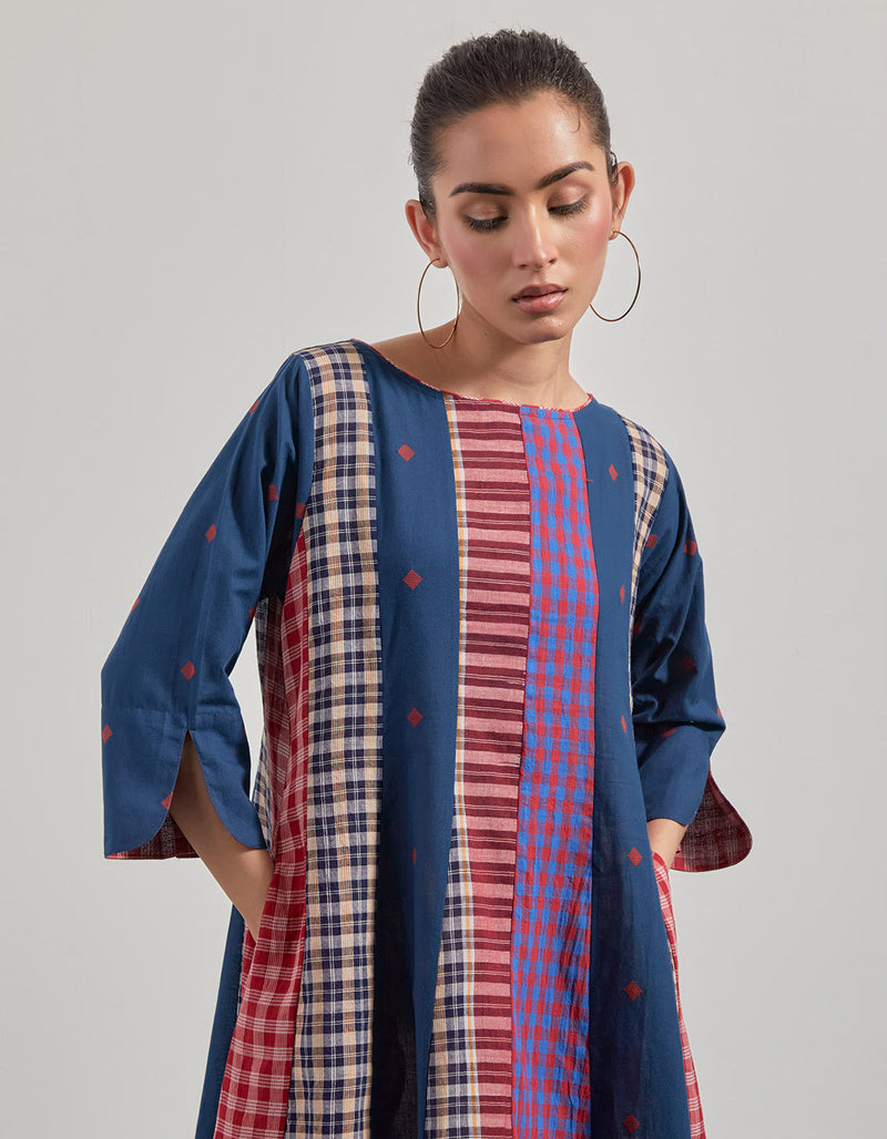 Deep Sea 16 Panelled Dress cotton,gamcha dress by 145 East in blue for women in Singapore