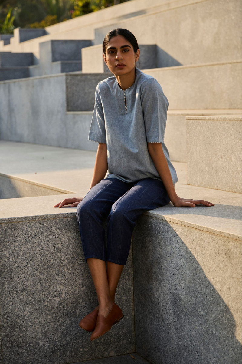 Polina Handwoven Blue Top cotton by The Summer House in blue color for women in Singapore