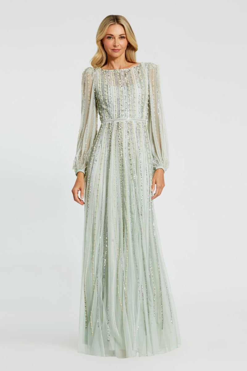 94081-Boat Neck Long Sleeve Gown With Striped Beading by Mac Duggal in green color for women in Singapore
