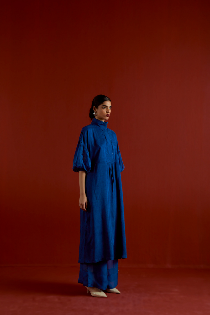 TURTLE NECK TUNIC CO-ORD-ELECTRIC BLUE silk by THREE in blue color for women in Singapore
