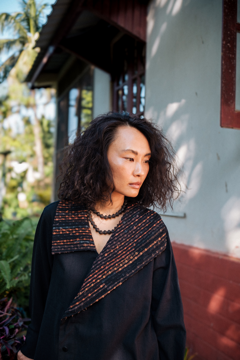 Upcycled Handwoven Arrow collar shirt - Black Copper cotton by The Terra Tribe in black color for women in Singapore