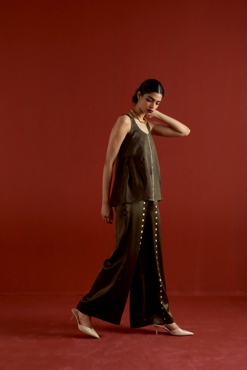 SIDE U-GATHER TOP CO-ORD-DARK OLIVE organza by THREE in olive color for women in Singapore