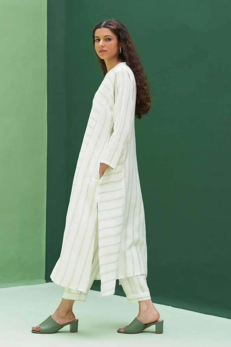Ezra Striped Linen Kurta - Mint linen by Manan in mint color for women in Singapore