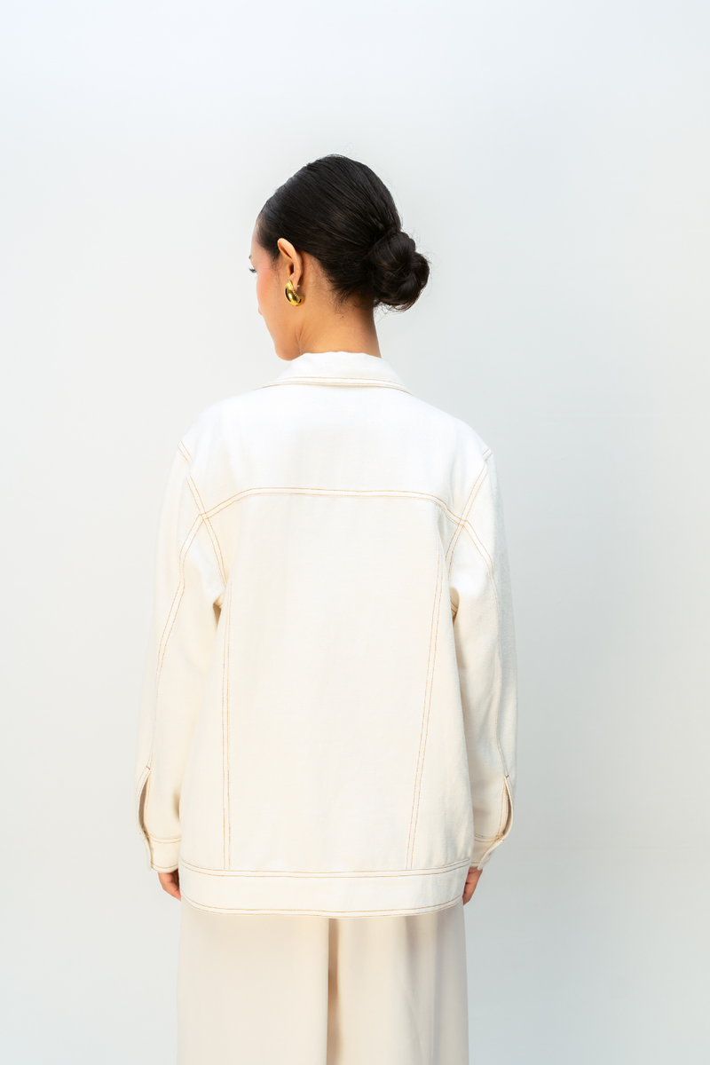 GOLDEN FABLE JACKET handwoven denim jacket/overlay by Ode to Odd in off white for women in Singapore